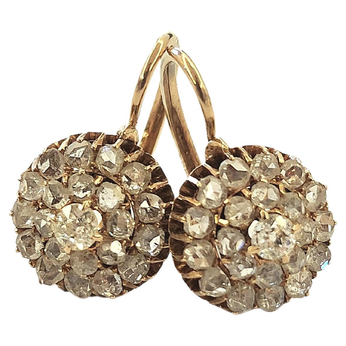 Antique Old Mine Cut Diamond Russian Gold Earrings