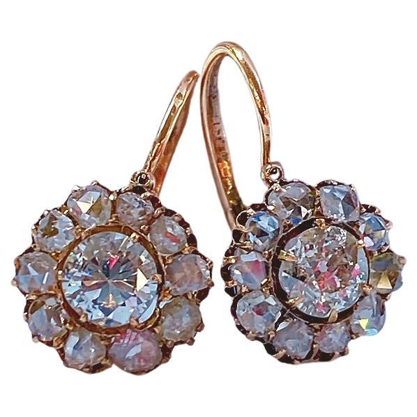 Antique Diamond Russian Gold Earrings For Sale