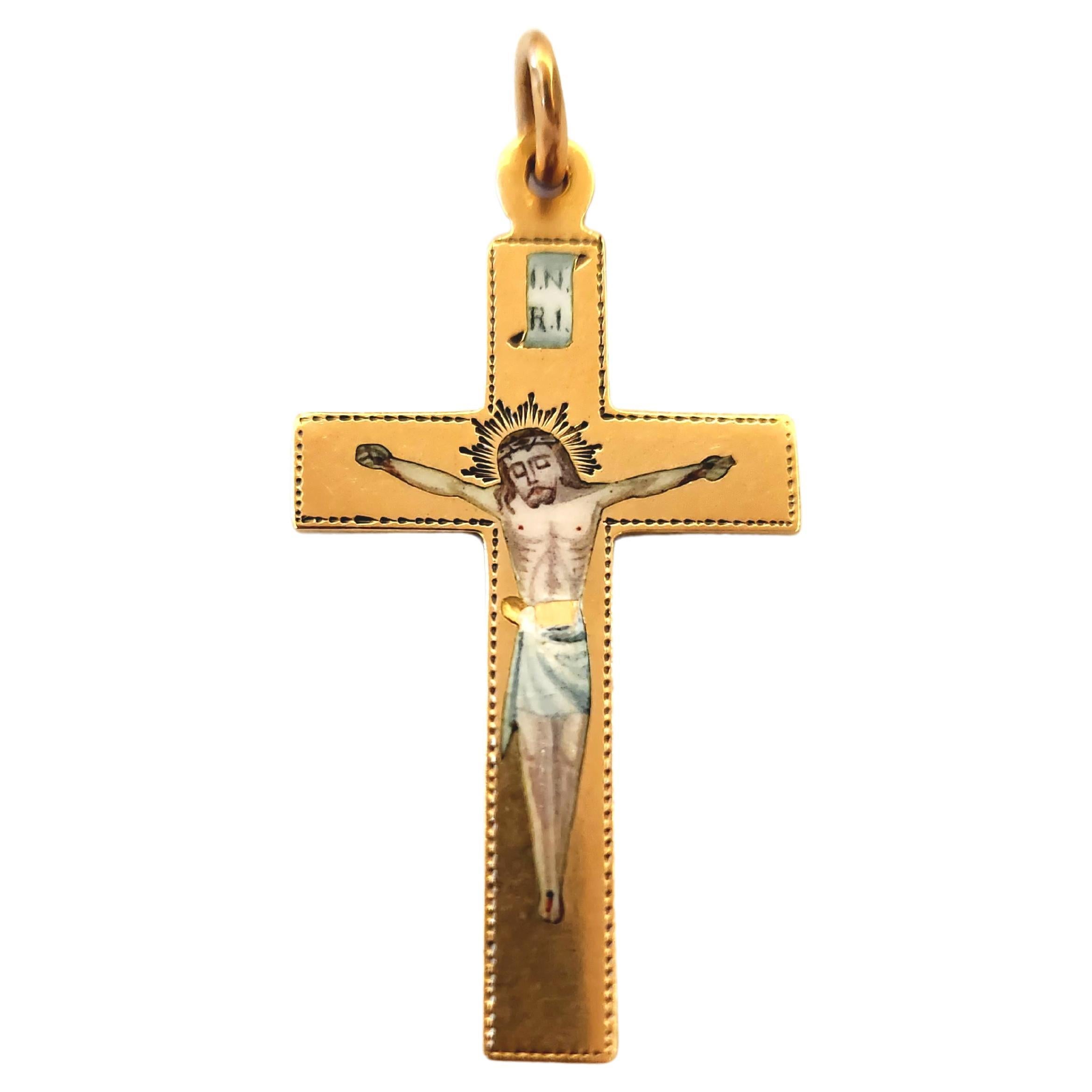 Antique russian cross in 14k gold hand  anamel painted on front with jesus crist in colurful colours cross was made in moscow during the imperial russian 1904/1907.c hall marked 56 imperial russian gold standard and moscow assayer master initial in
