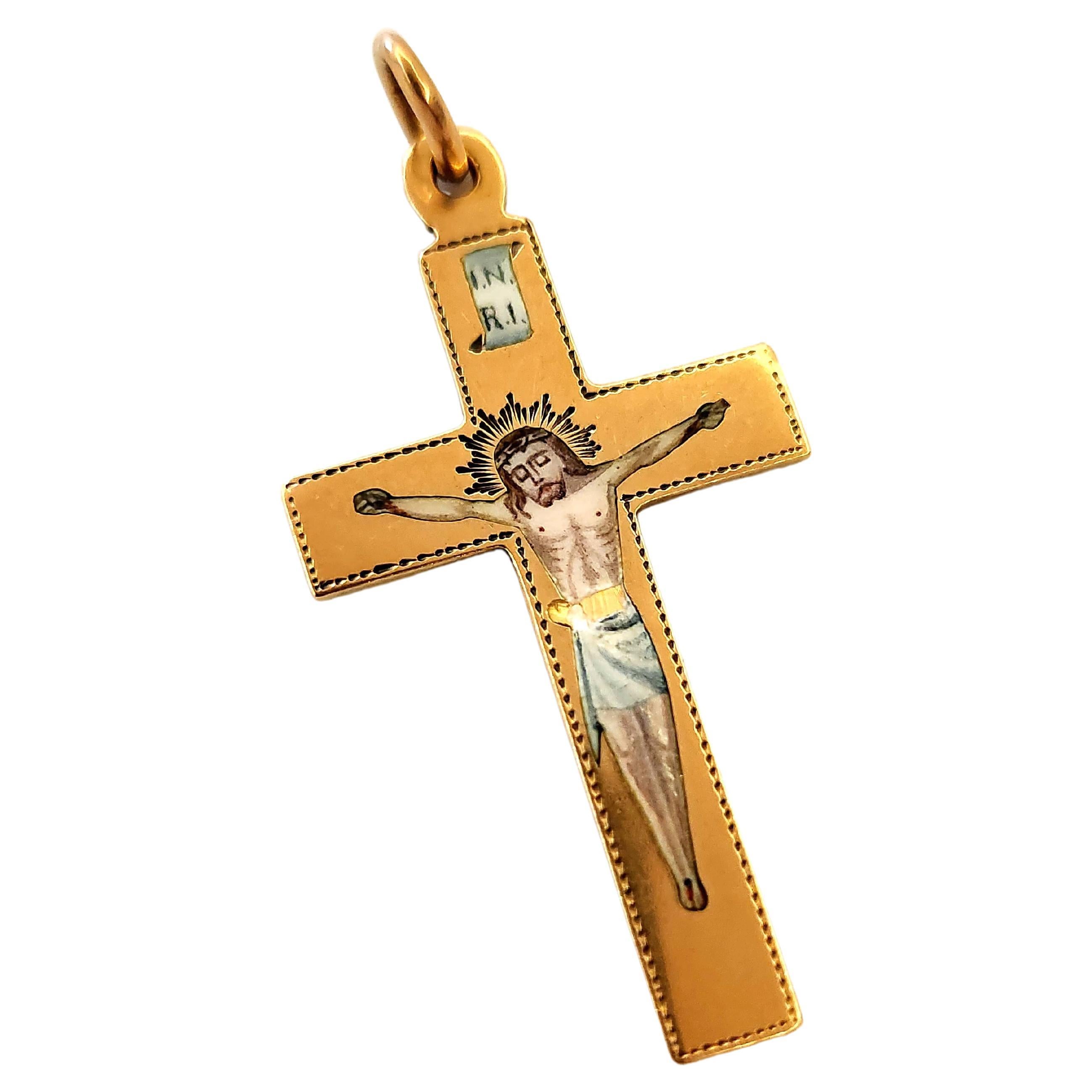Women's or Men's Antique Enamal Russian Gold Cross Pendant For Sale