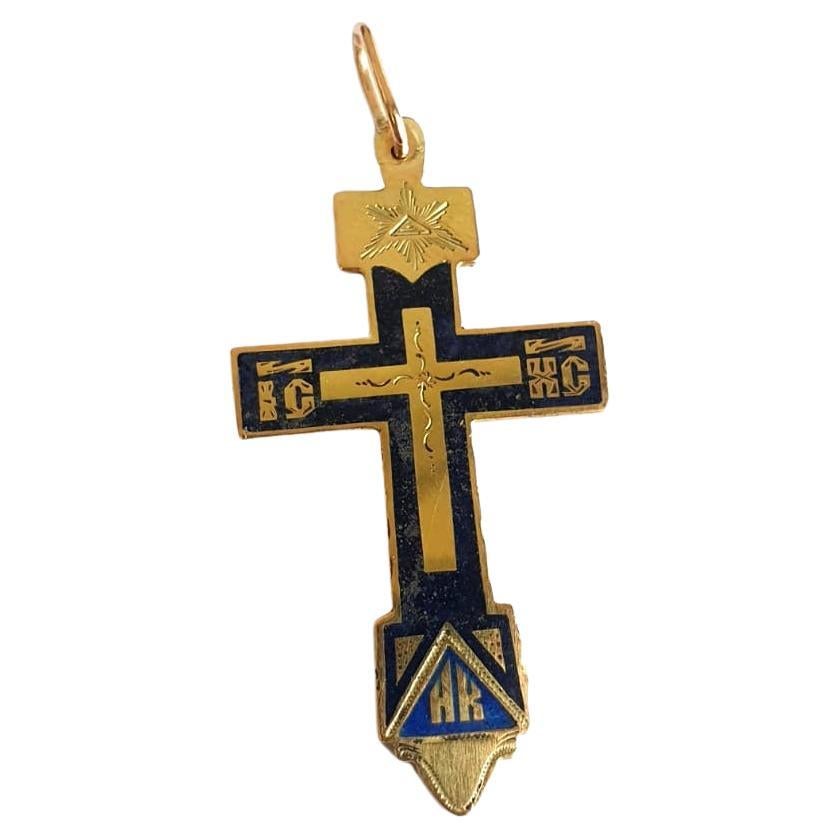 Antique 14k gold russian cross pendant in black and blue enamel with total lengh of 4cm cross was made in moscow during the imperial russian era 1880/1890 hall marked 56 imperial russian gold standard and old moscow assay mark  