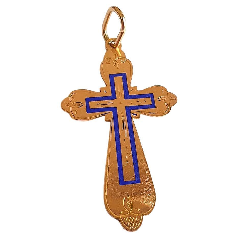 Antique russian 14k gold cross with blue hand painted enamel 4cm lenght pendant was made in moscow during the imperial russian era 1904/1907.c hall marked 56 imperial russian gold standard and moscow assay mark 