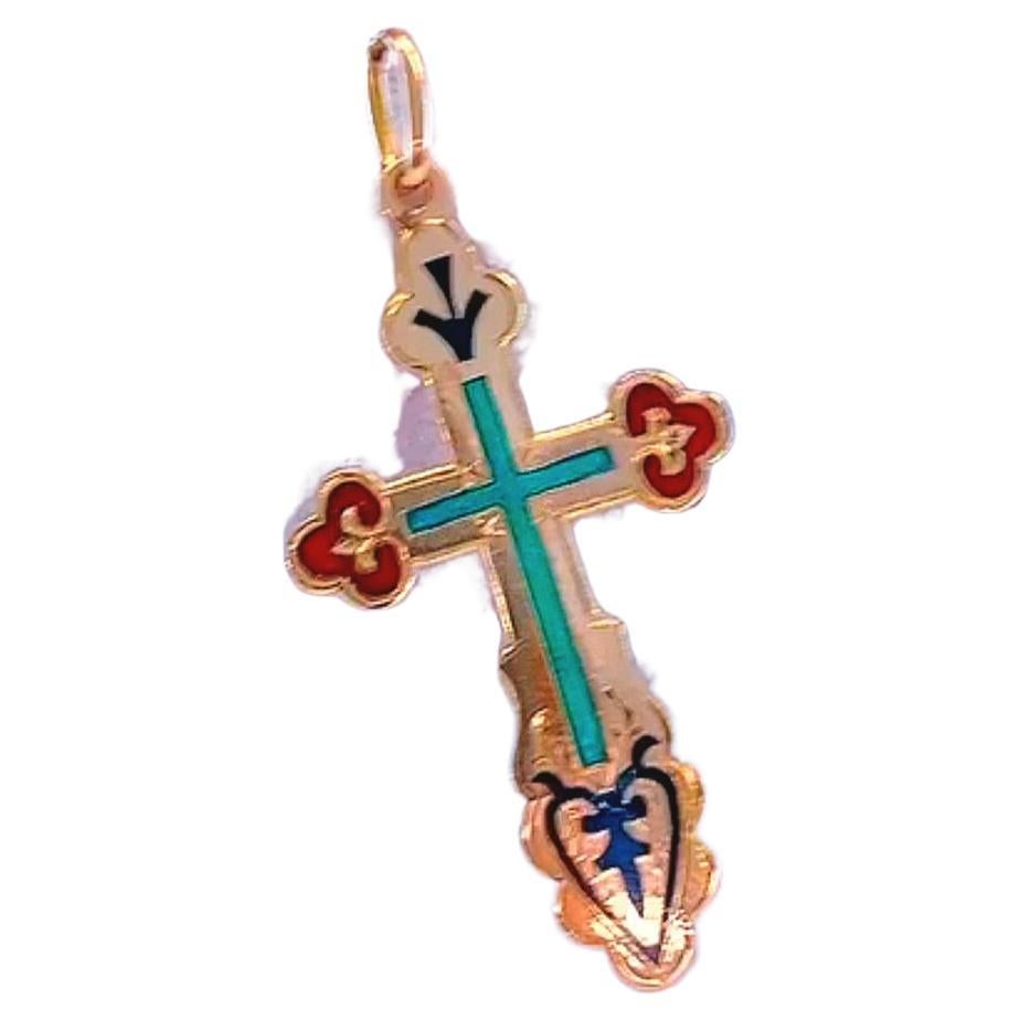 Antique 14k gold russian enamel cross pendant in colourful enamel hand paint with total cross lengh of 4.7cm and total gold of 2.85 grams cross was made in Kostroma city russia during the imperial russian era 1907/1910.c hall marked 56 imperial
