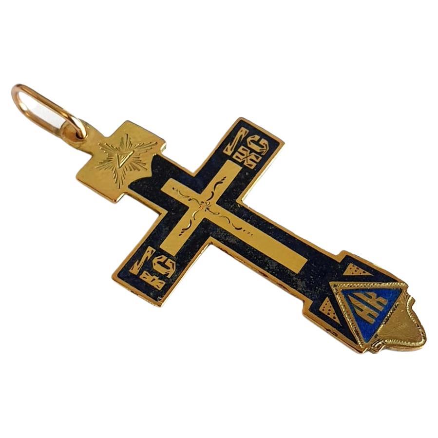 Antique Enamel Russian Gold Cross Pendant In Good Condition For Sale In Cairo, EG