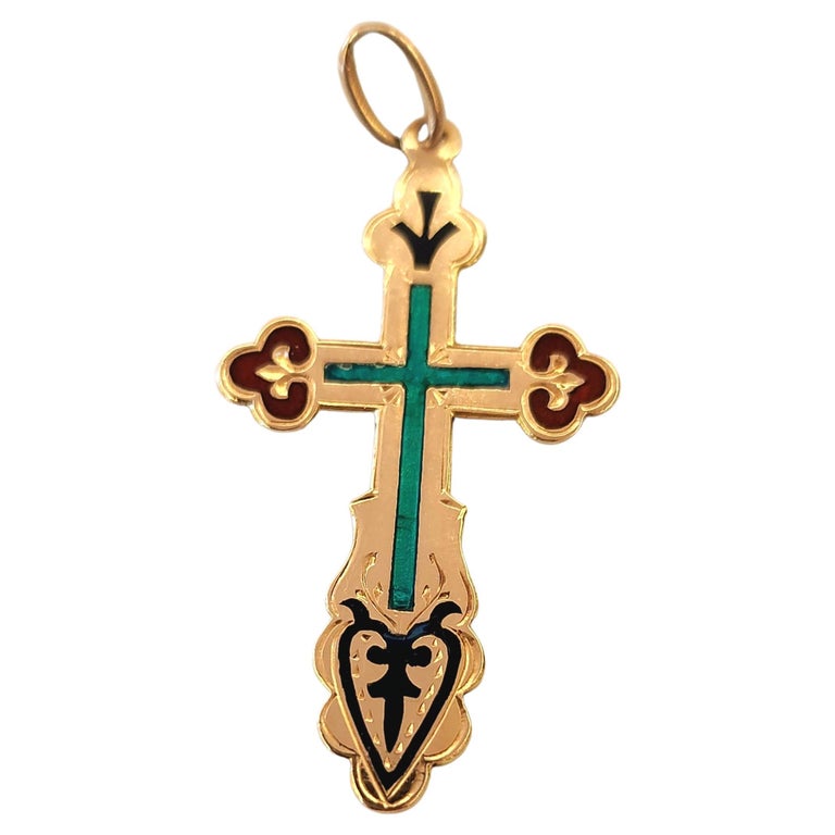 Antique 14k Gold Russian Enamel Cross Pendant For Sale at 1stDibs