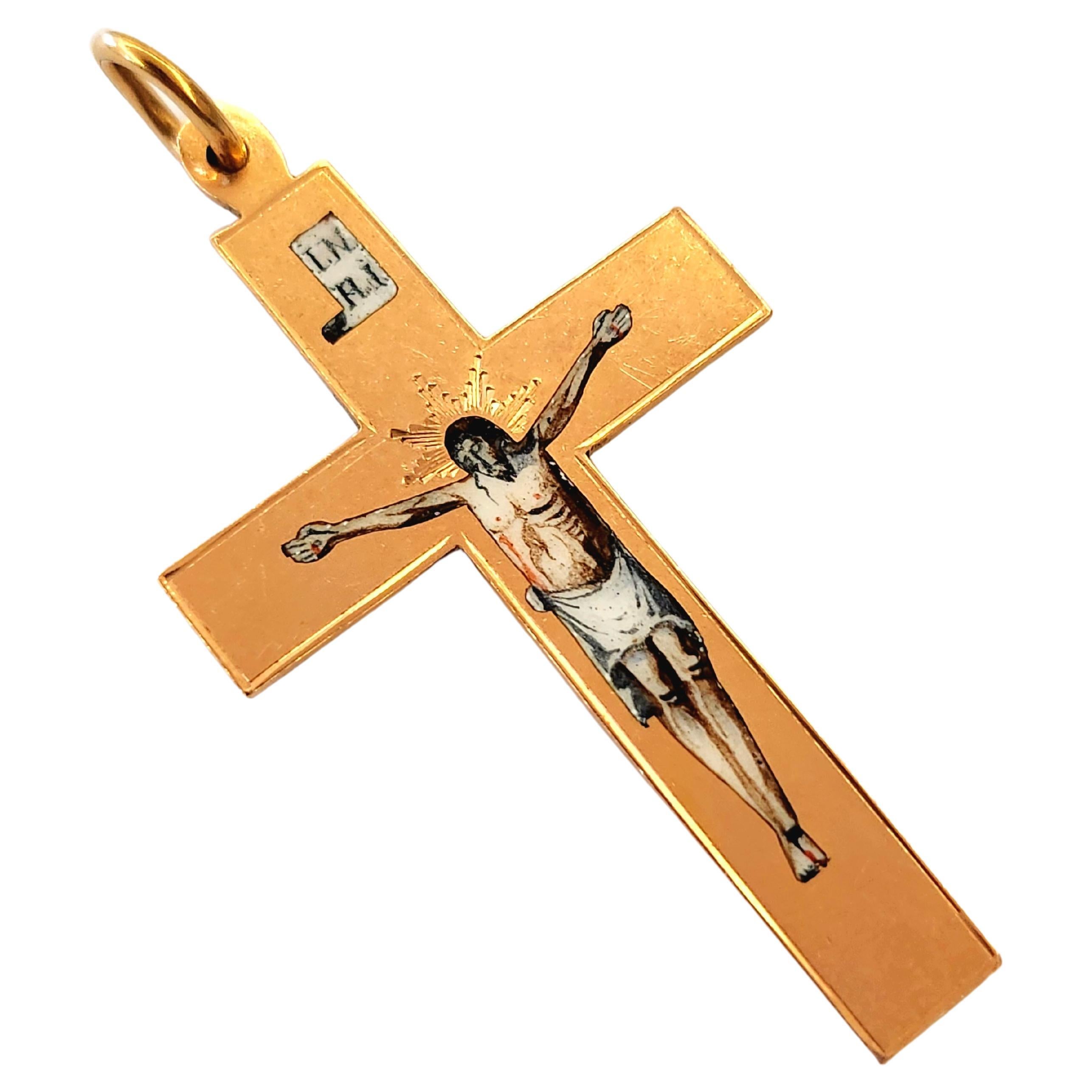 Antique Enamel  Rusisian Gold Cross Pendant For Sale