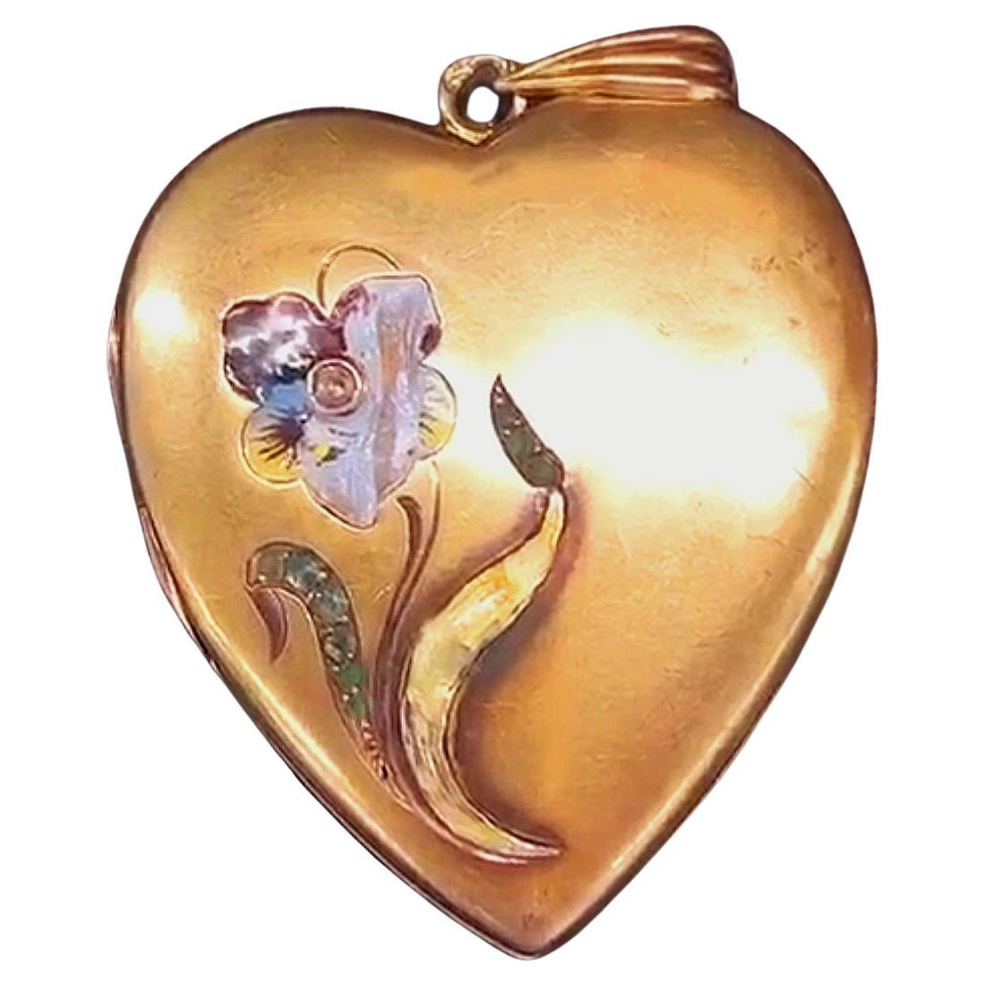 Antique Enamel Heart Locket Gold Pendant For Sale 2