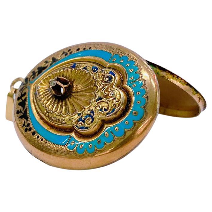 Women's or Men's Antique Enamel Gold Locket Pendant For Sale