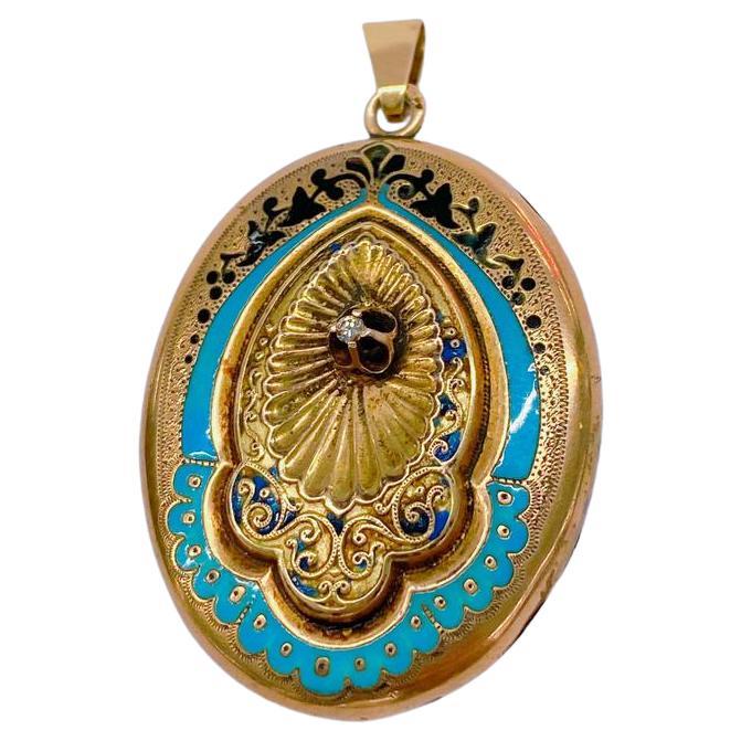 Antique Enamel Gold Locket Pendant For Sale 1