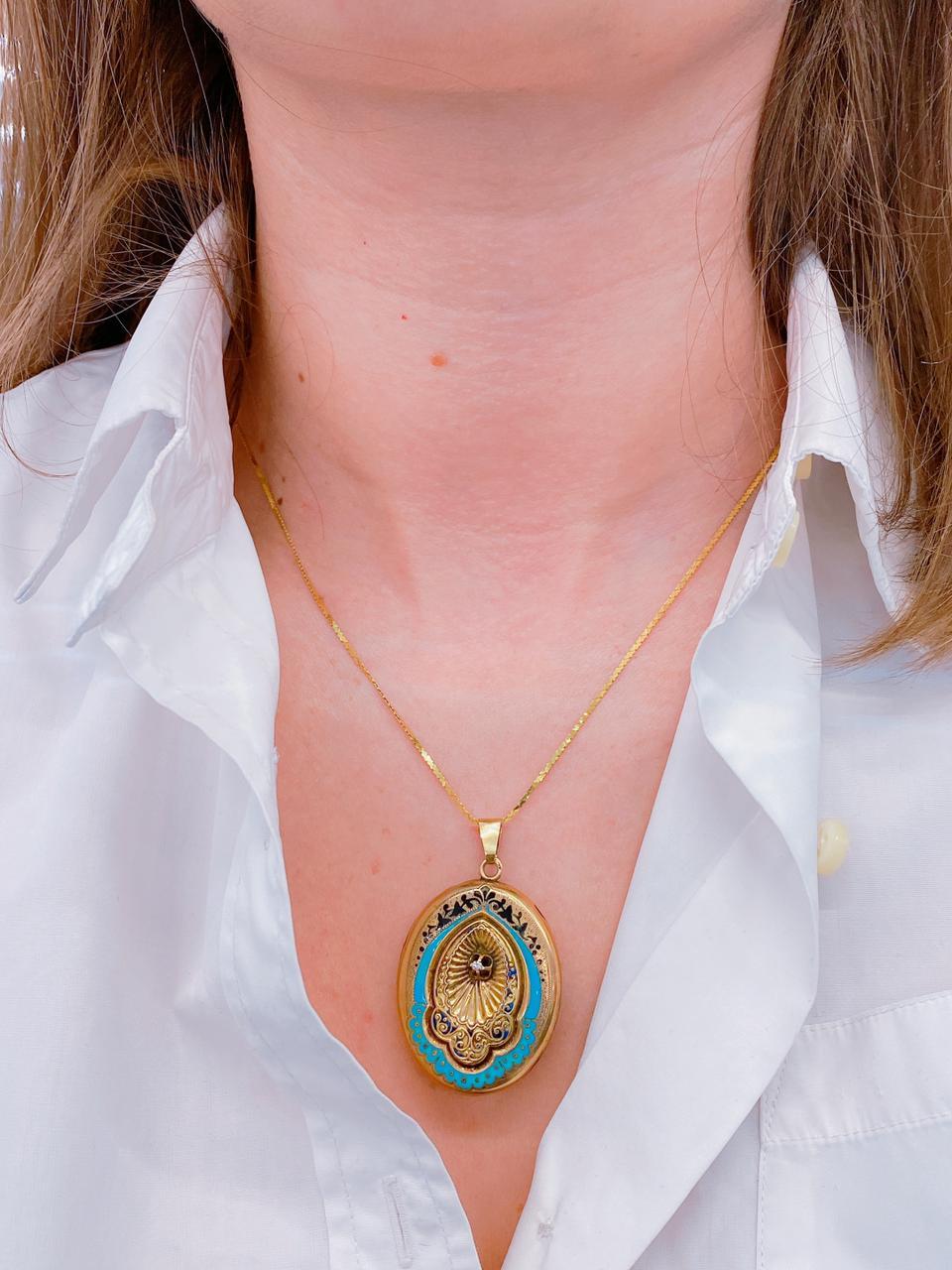 Antique Enamel Gold Locket Pendant For Sale 2