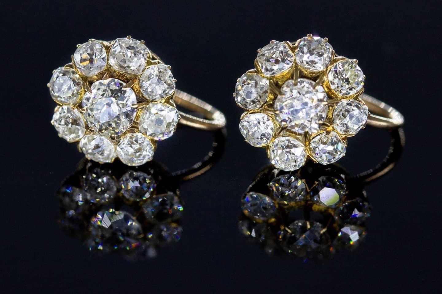 Antike russische Ohrringe aus 14 Karat Gold mit Diamanten im alten Minenschliff (Alteuropäischer Brillantschliff) im Angebot