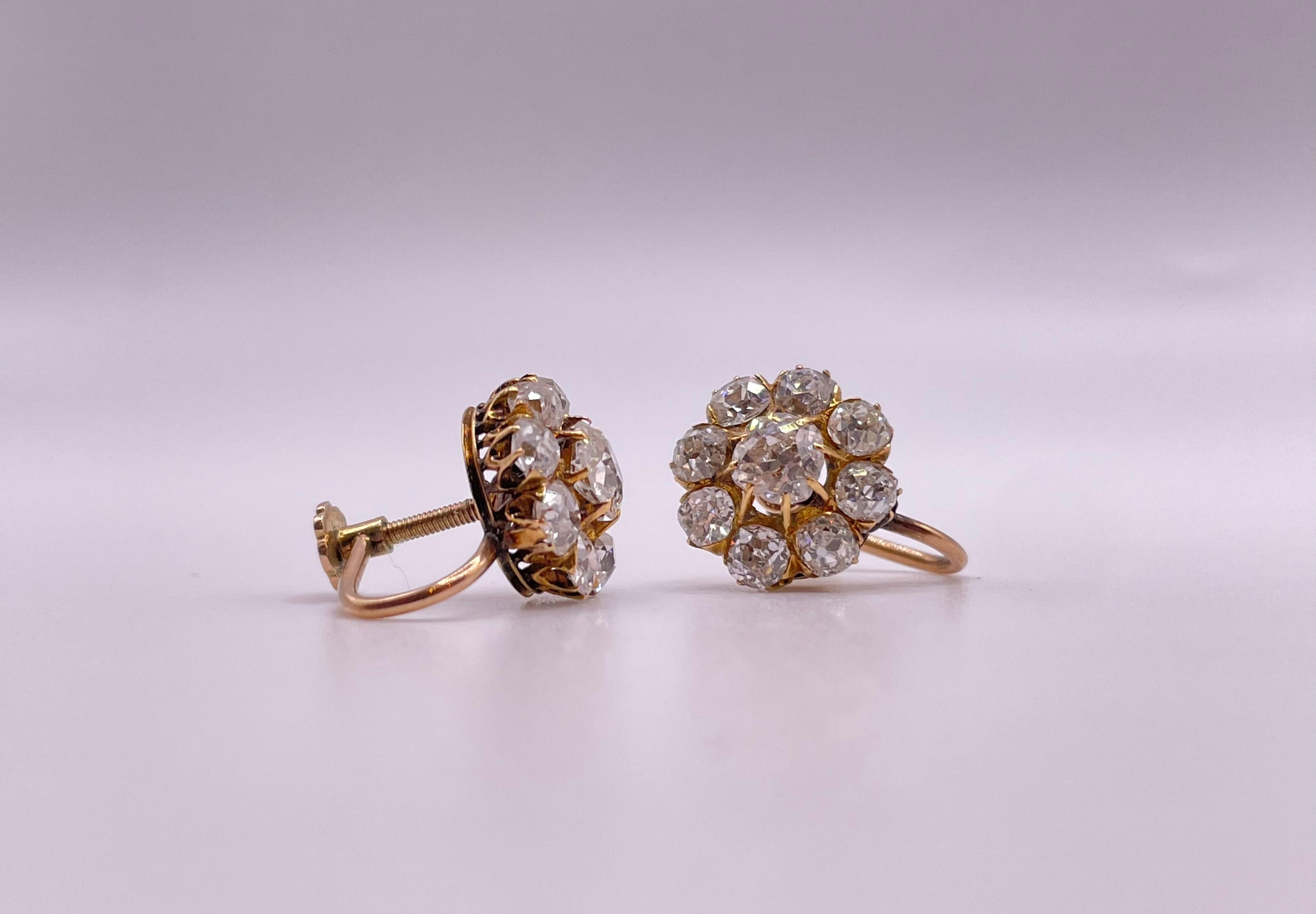 Antique 14k Gold Russian Old Mine Cut Diamond Earrings In Excellent Condition For Sale In Firenze, FI