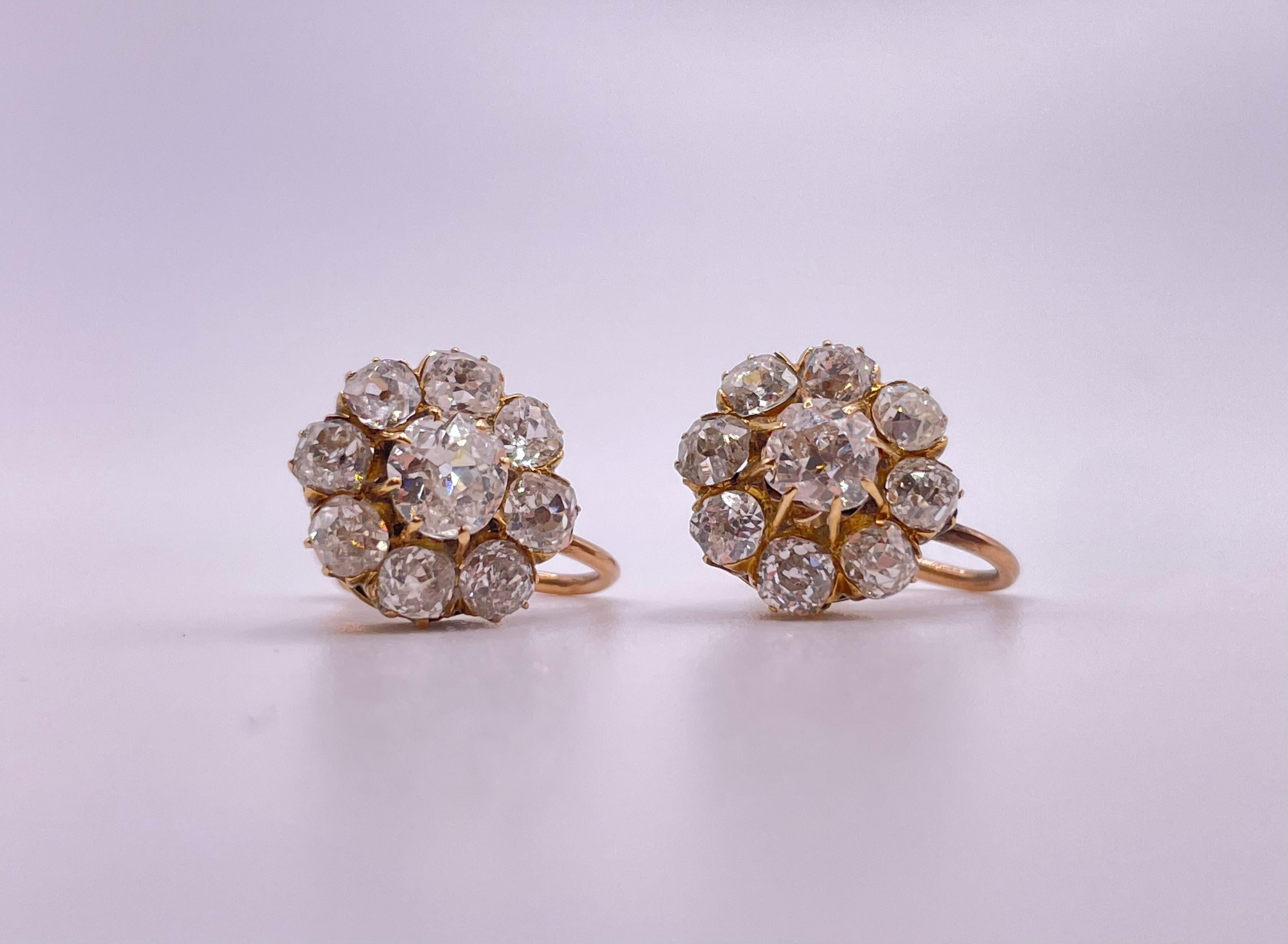 Antike russische Ohrringe aus 14 Karat Gold mit Diamanten im alten Minenschliff Damen im Angebot