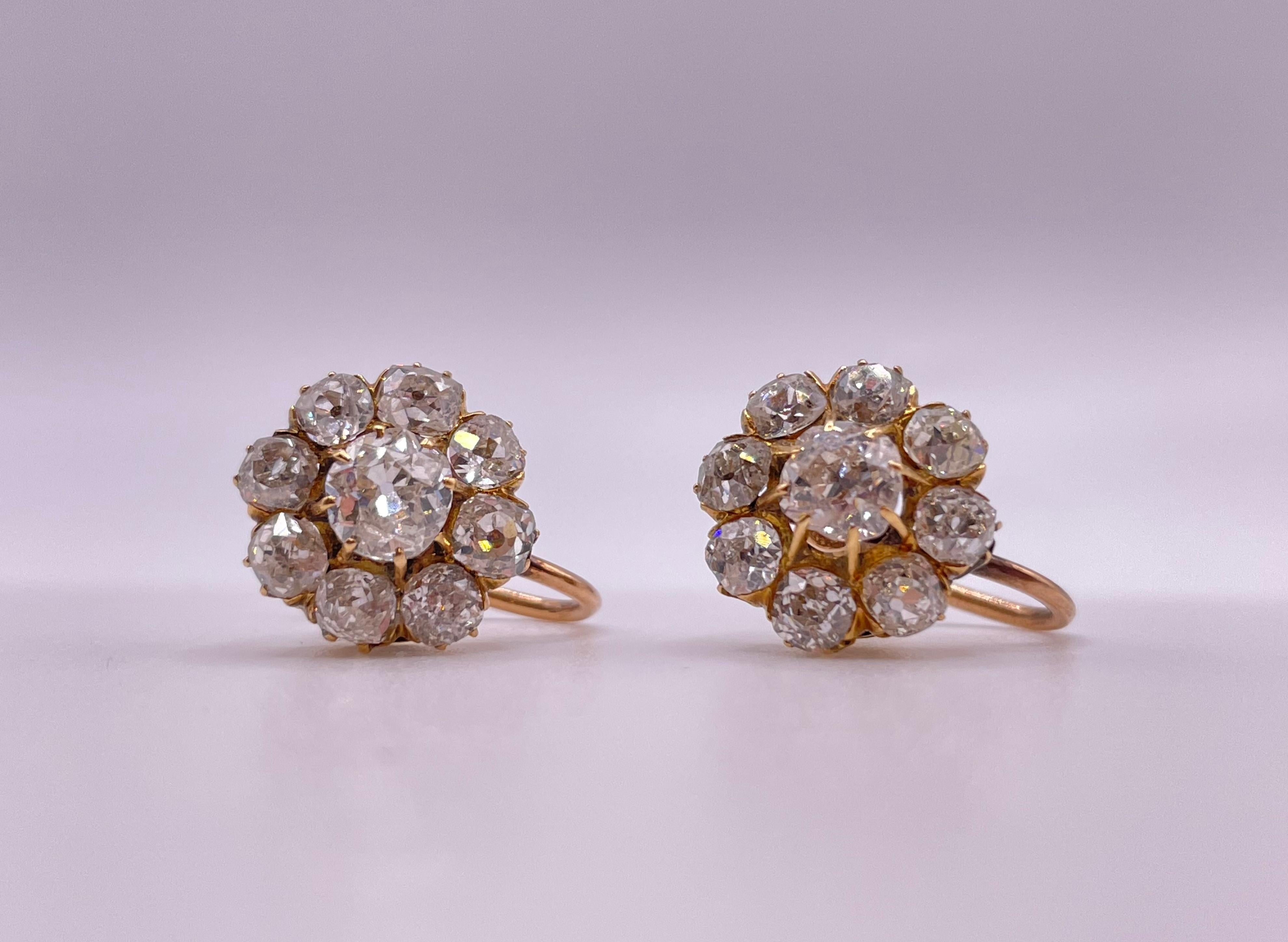 Antike russische Ohrringe aus 14 Karat Gold mit Diamanten im alten Minenschliff im Angebot 1