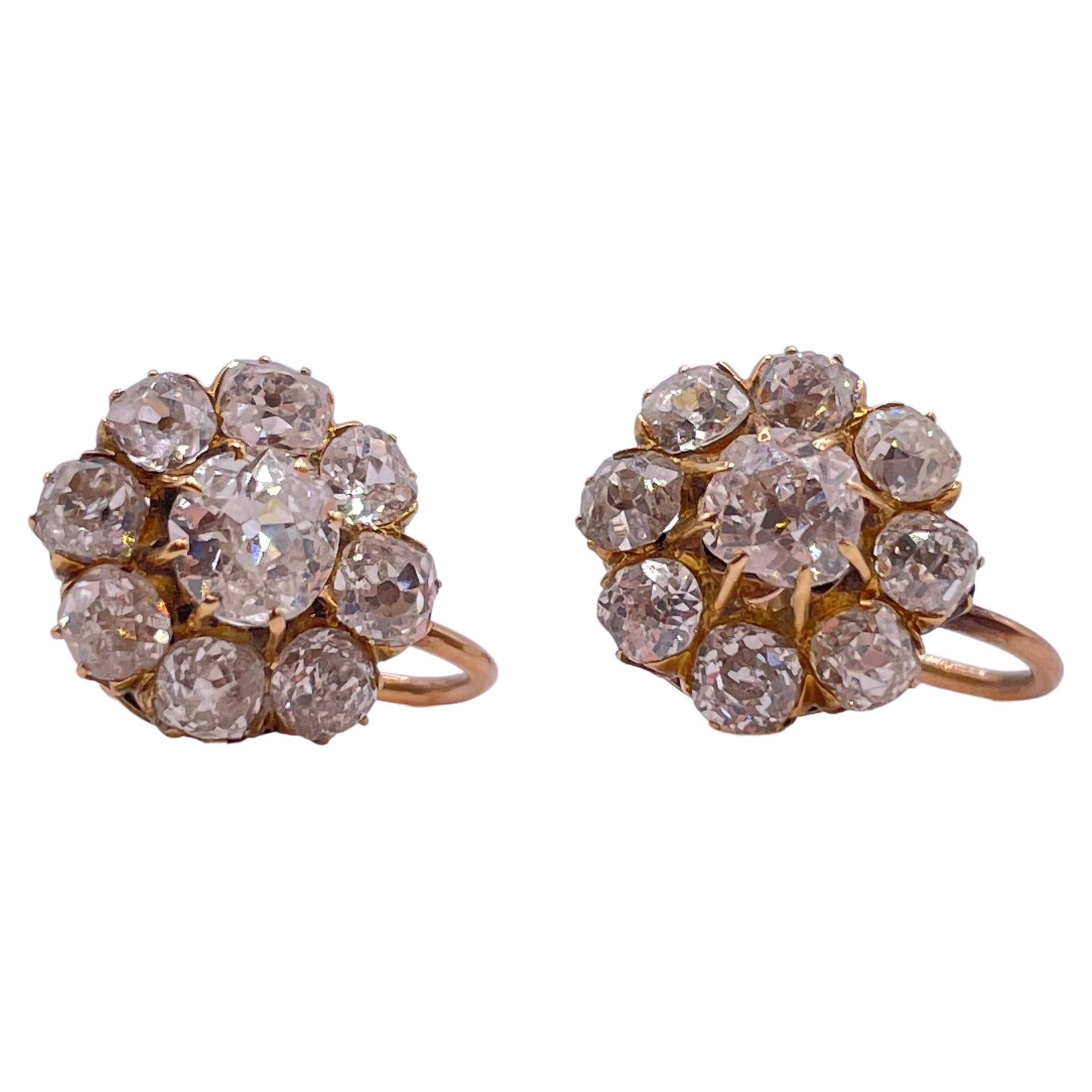 Boucles d'oreilles anciennes en or 14k avec diamants taille vieille mine russes