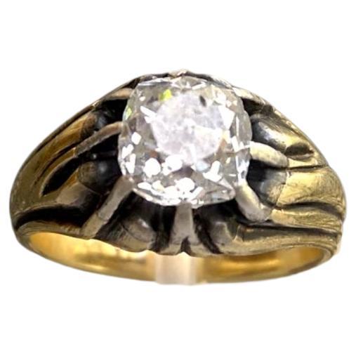 Antique Old Mine Cut Diamond Russian Gold Solitaire Ring For Sale 4