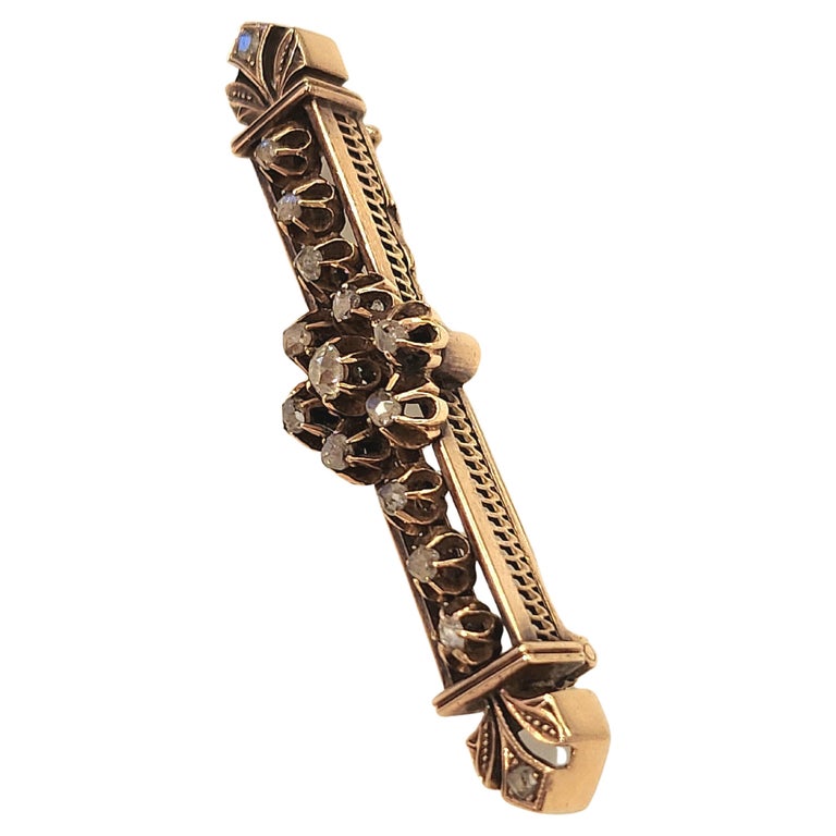 Antique 14k Gold Russian Rose Cut Diamond Brooch For Sale at 1stDibs