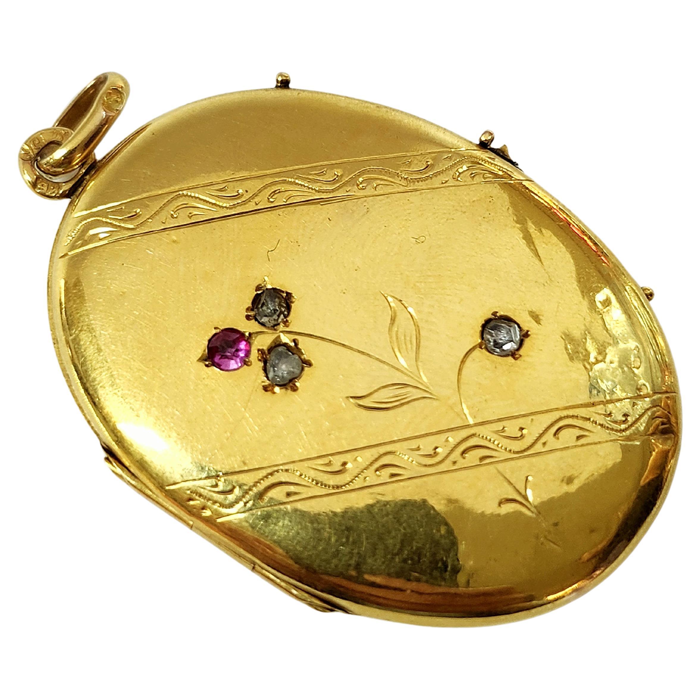 Antique 14k gold russian large locket pendant engraved detailed work centered with rose cut diaminds and ruby pendant was made in odessa during the imperial russian era 1880.c hall marked 56 imperial russian gold standard and odessa assay mark and