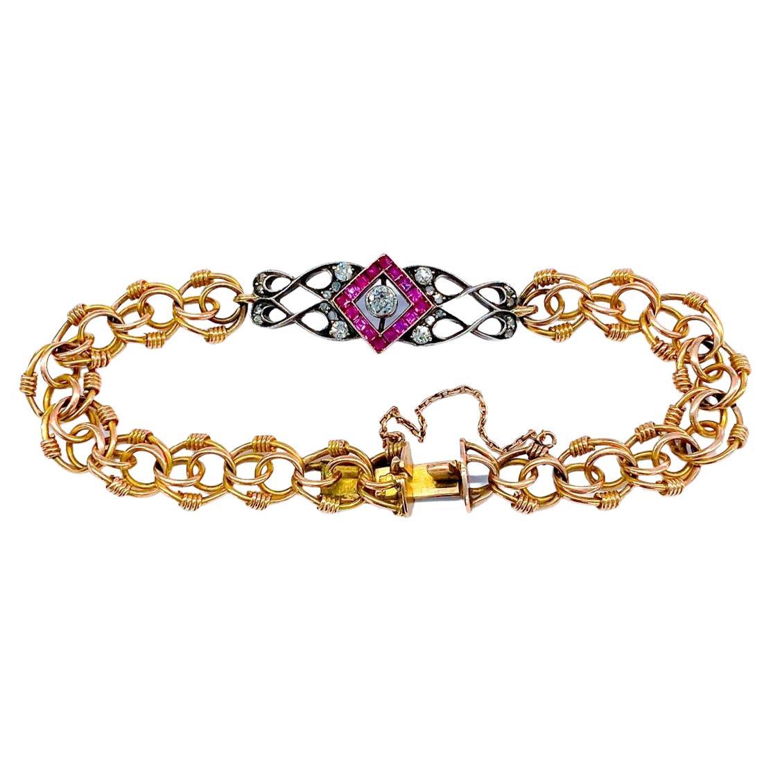 Antique Ruby And Diamond Russian Gold Link Bracelet For Sale 1