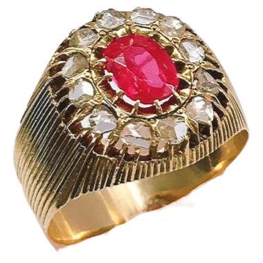 Antique Ruby And Rose Cut Diamond Russian Gold Ring For Sale