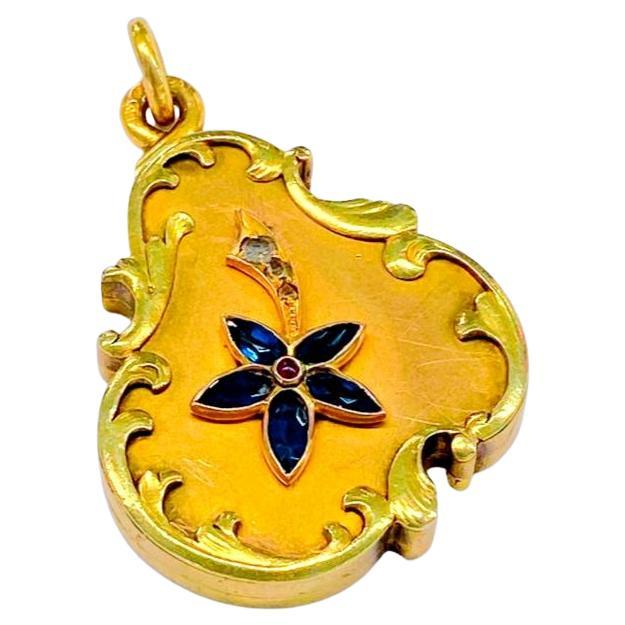 Antique 14k gold large heavy russian locket pendant with natural sapphires and rose cut diamonds in artnovo floral design with total lenght 4.5cm hall marked 56 imperial russian gold standard and assay mark and initial maker mark in cyrllic alphabet