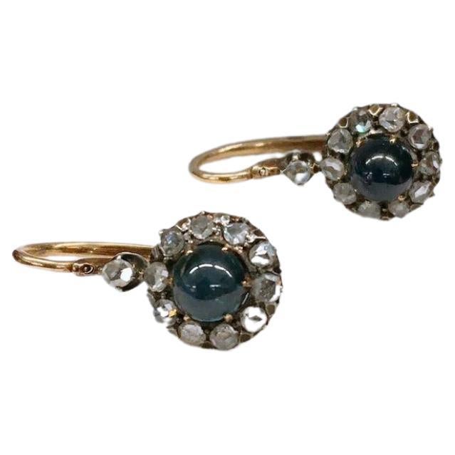 Antike Ohrringe aus russischem Gold mit Saphir und Diamant im Rosenschliff im Zustand „Gut“ in Cairo, EG