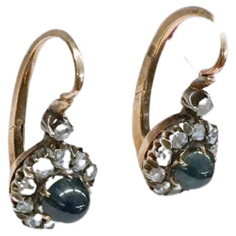 Women's Antique Sapphire And Rose Cut Diamond Russian Gold Earrings
