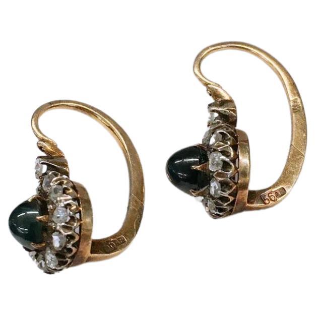 Antike Ohrringe aus russischem Gold mit Saphir und Diamant im Rosenschliff 2