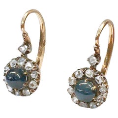 Antique Sapphire And Rose Cut Diamond Russian Gold Earrings