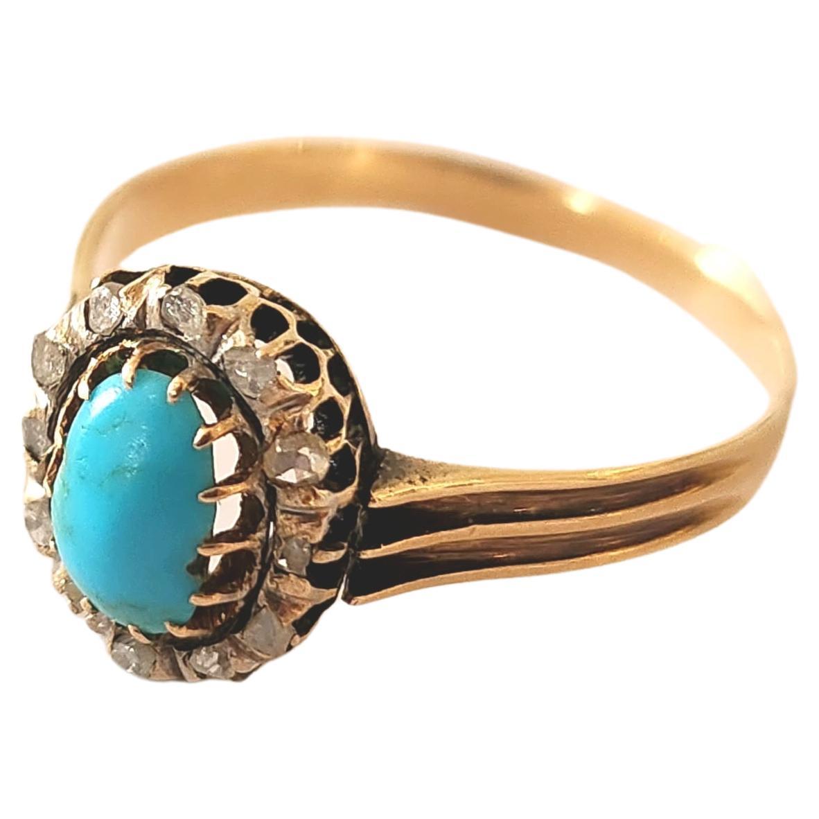 Antique russian turrquoise ring centered with light blue oval turquoise flanked with little rose cut diamonds in detailed work on ring sides ring head diameter 10.30mm ring was made in st petersburg russia 1870/1890.c during the imperial russian era