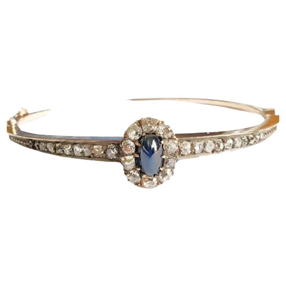 Antique Sapphire And Rose Cut Diamond Gold Bangle Braclete For Sale