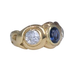 Antique 14k Gold Sapphire Old European Cut Diamond Three Stone Ring