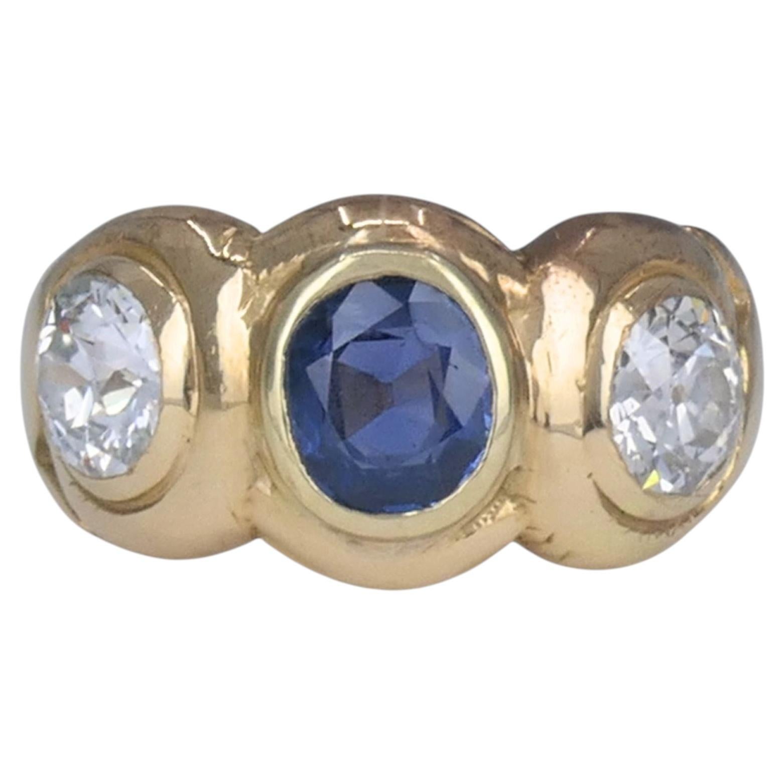 Antique 14k Gold Sapphire Old European Cut Diamond Three Stone Ring