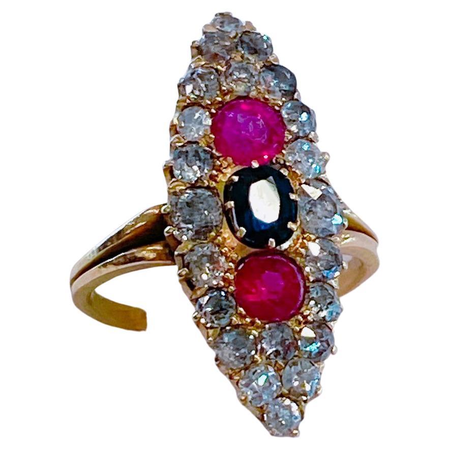 Women's Antique Sapphire Ruby and Old Mine Cut Diamond Russian Gold Ring For Sale