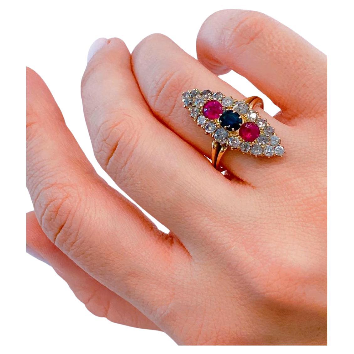 Antique Sapphire Ruby and Old Mine Cut Diamond Russian Gold Ring For Sale 1