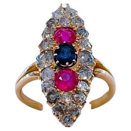 Antique Sapphire Ruby and Old Mine Cut Diamond Russian Gold Ring For Sale 2