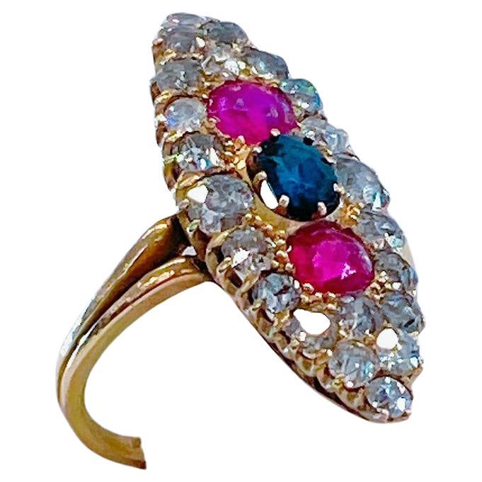 Antique Sapphire Ruby and Old Mine Cut Diamond Russian Gold Ring For Sale