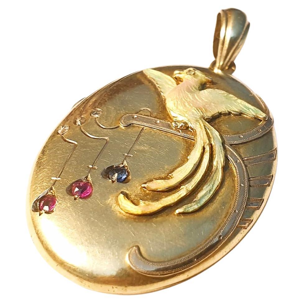 Women's Antique Sapphire And Ruby Russian Gold Locket Pendant For Sale