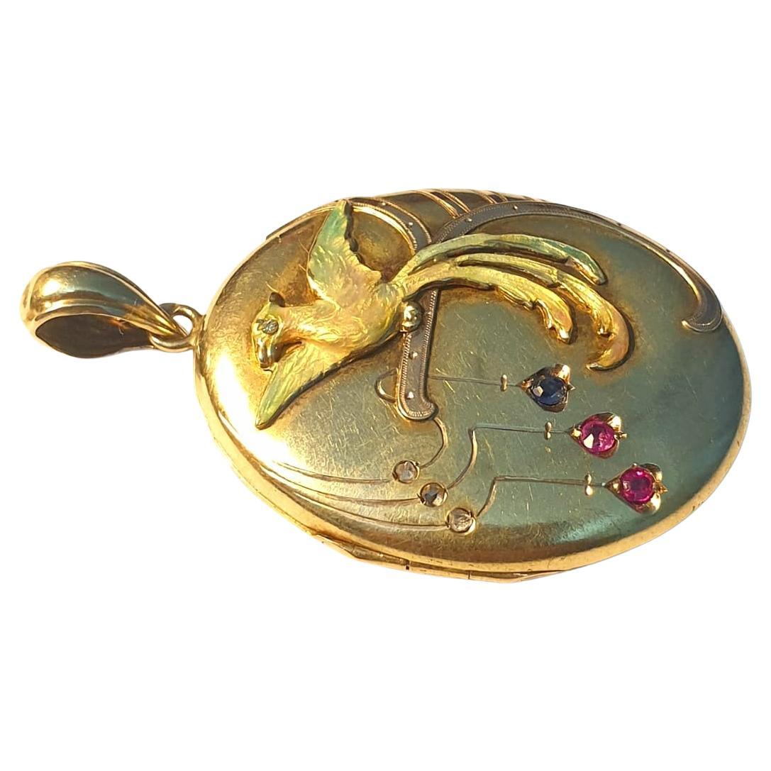 Antique Sapphire And Ruby Russian Gold Locket Pendant For Sale 1