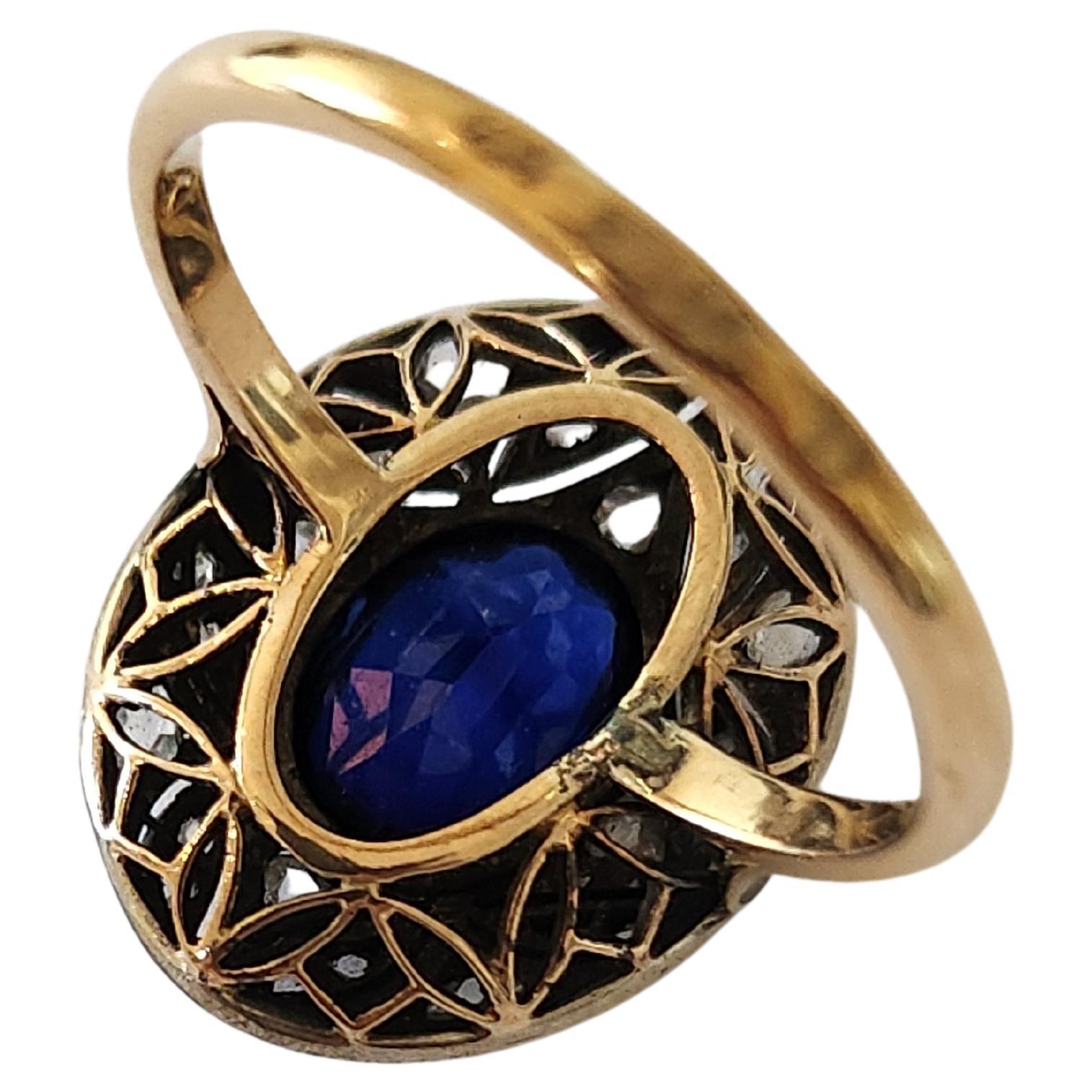 Antique 14k gold ring centered with 1 natural blue sapphire stone diameter 9mm×7.50mm with rose cut diamonds ring head diameter 18mm in detailed workmanship ring was made in the caucasus region 1907/1910.c imperial russian era hall marked 56