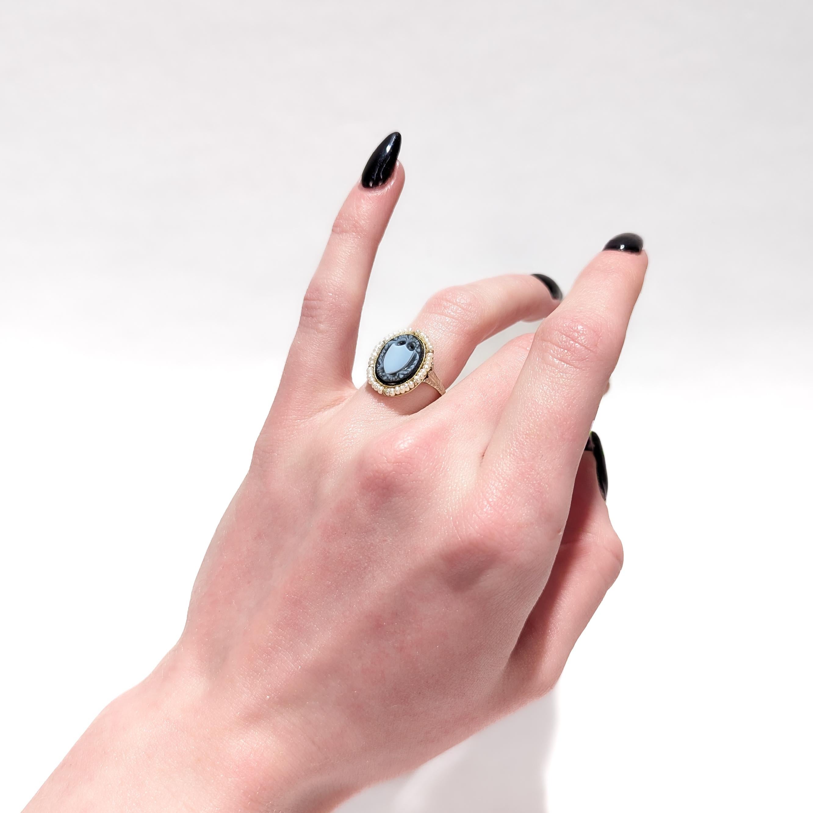 Antique 14k Gold & Sardonyx Carved Shield Signet Ring with Seed Pearl Halo For Sale 4