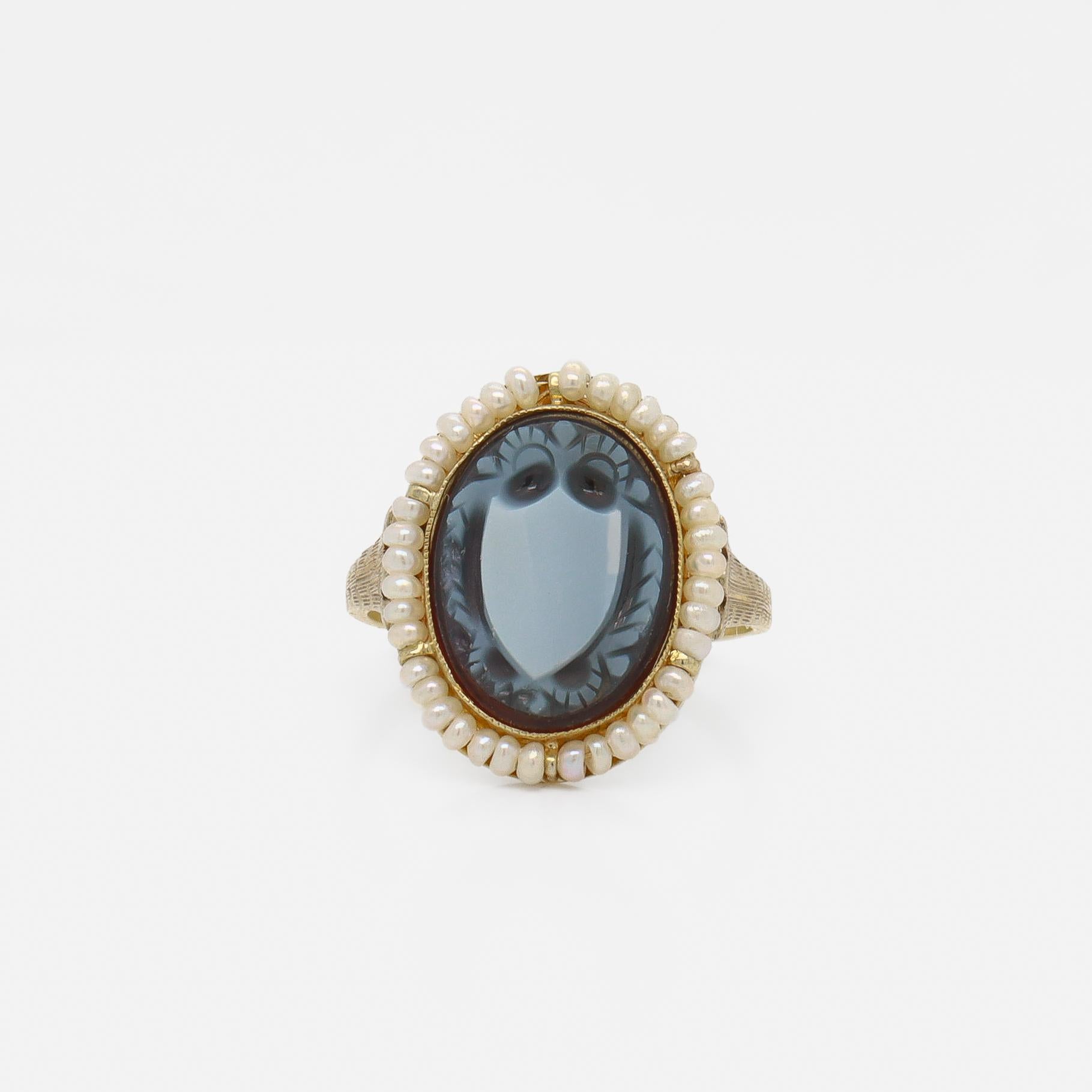 Victorian Antique 14k Gold & Sardonyx Carved Shield Signet Ring with Seed Pearl Halo For Sale