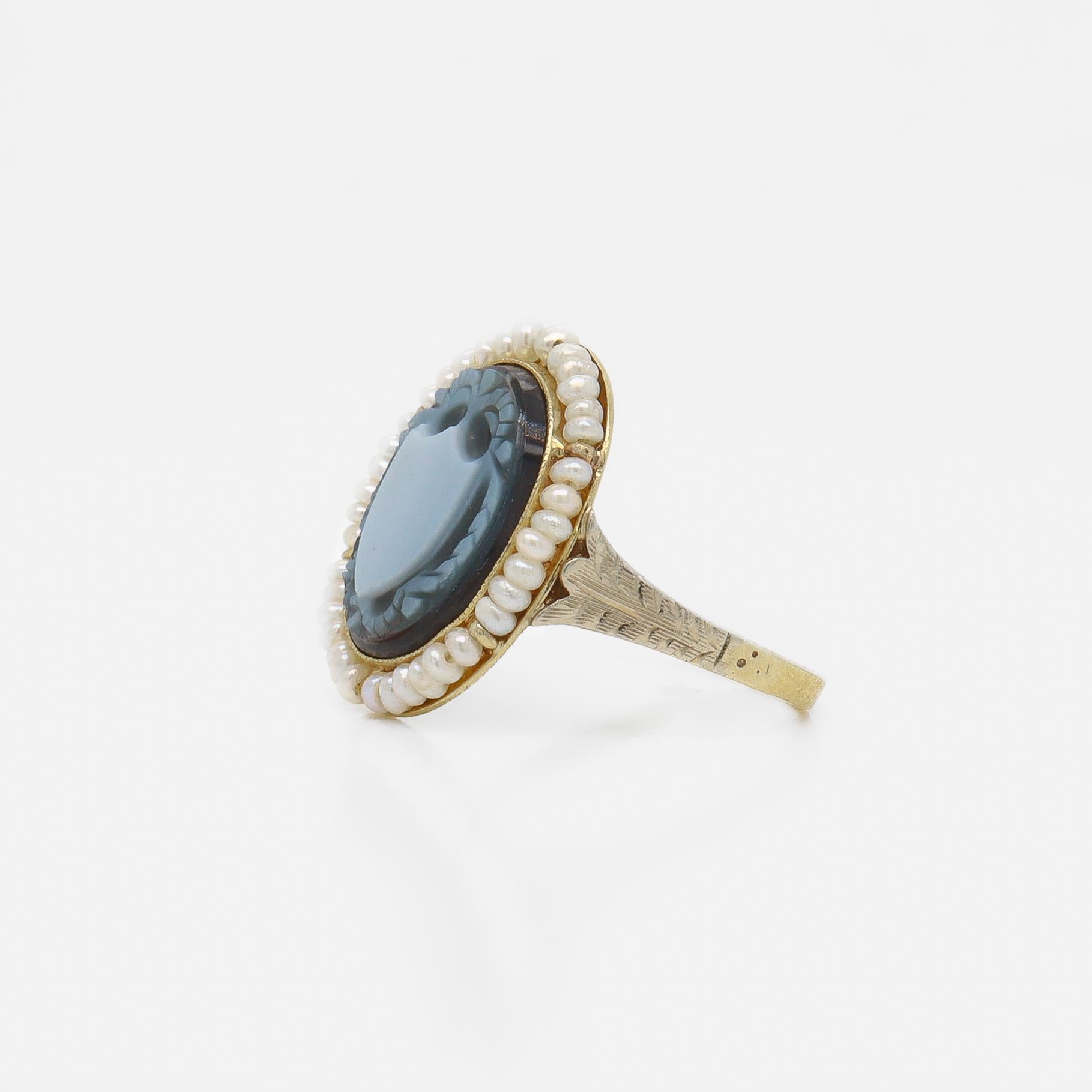 Round Cut Antique 14k Gold & Sardonyx Carved Shield Signet Ring with Seed Pearl Halo For Sale
