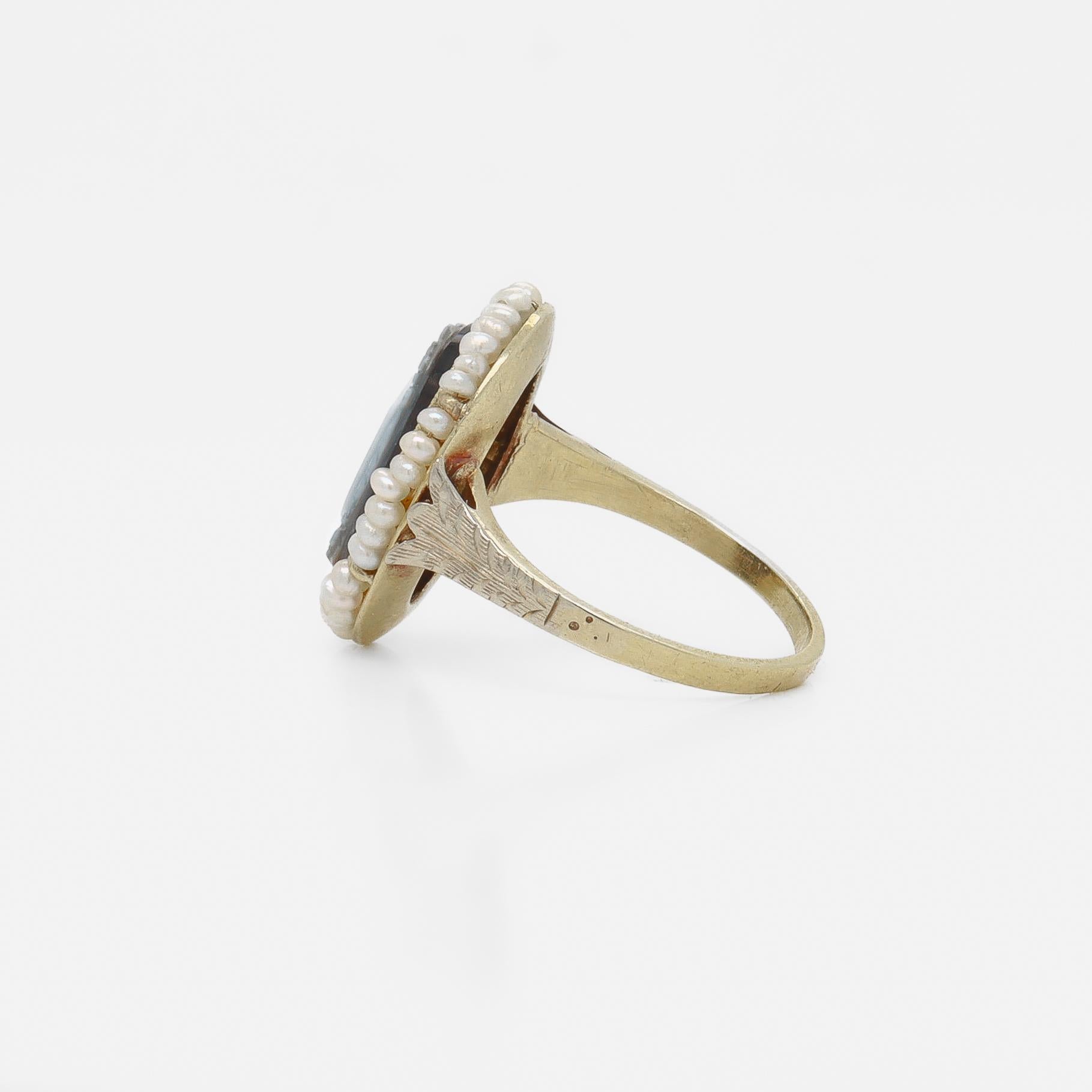 Antique 14k Gold & Sardonyx Carved Shield Signet Ring with Seed Pearl Halo In Good Condition For Sale In Philadelphia, PA