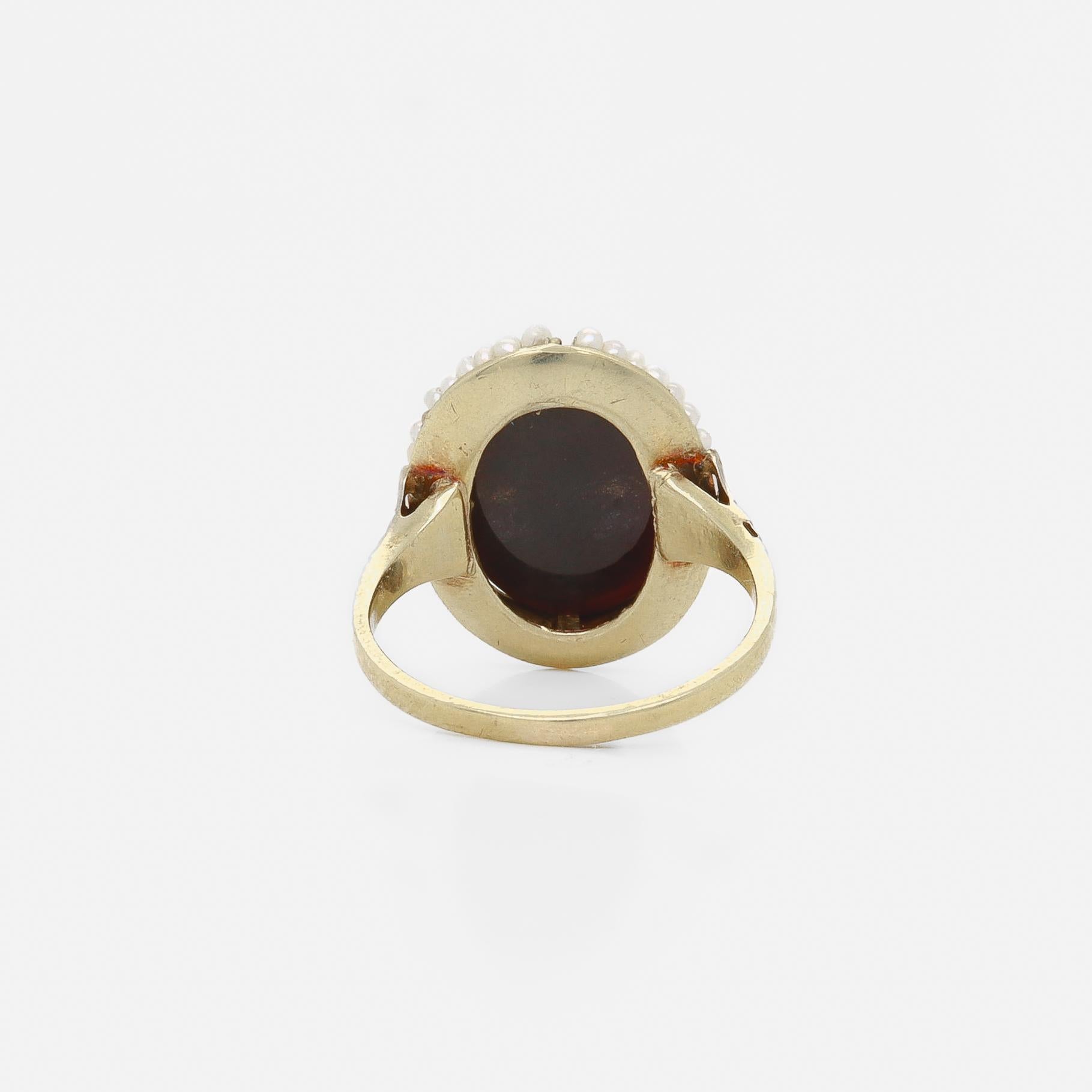Women's or Men's Antique 14k Gold & Sardonyx Carved Shield Signet Ring with Seed Pearl Halo For Sale
