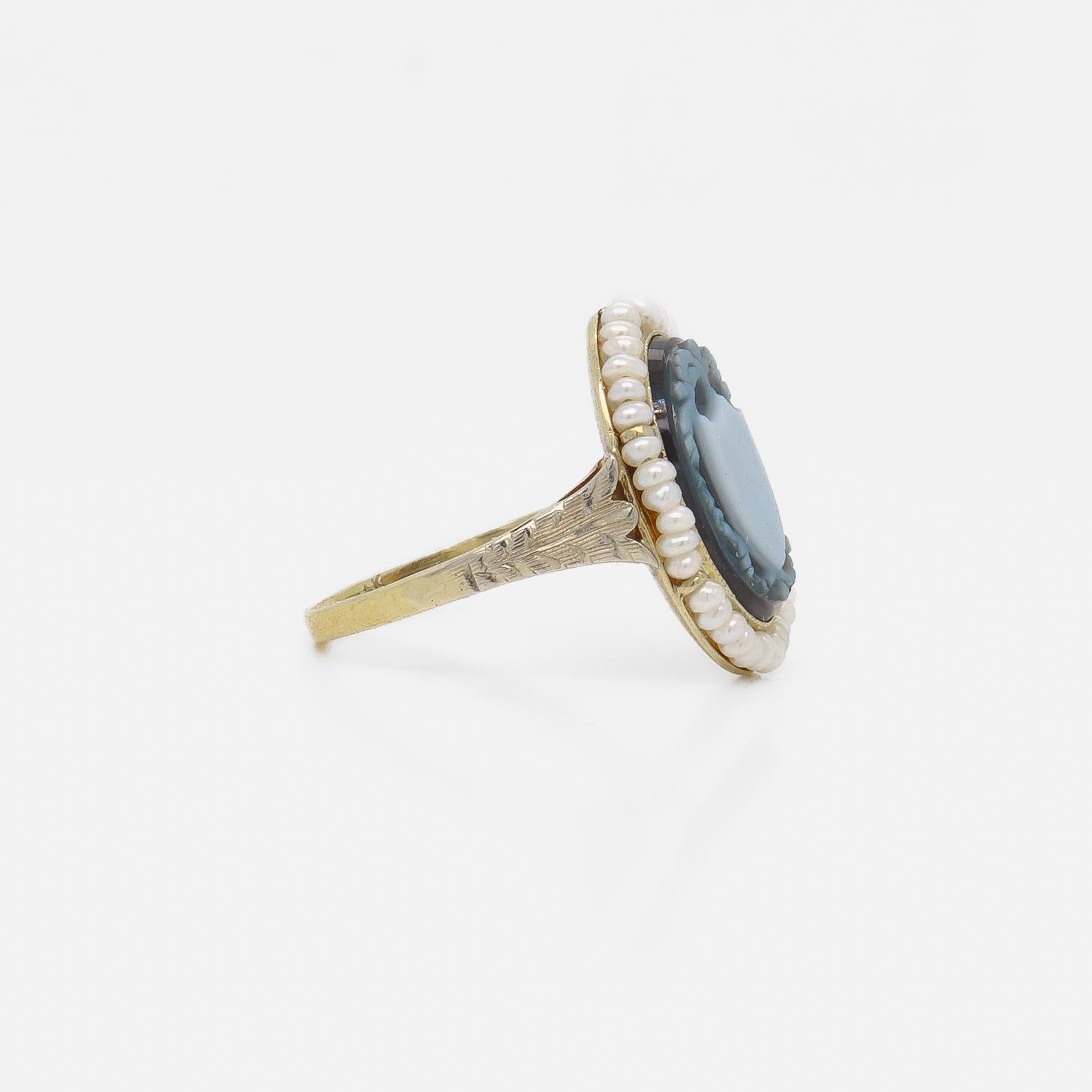Antique 14k Gold & Sardonyx Carved Shield Signet Ring with Seed Pearl Halo For Sale 1