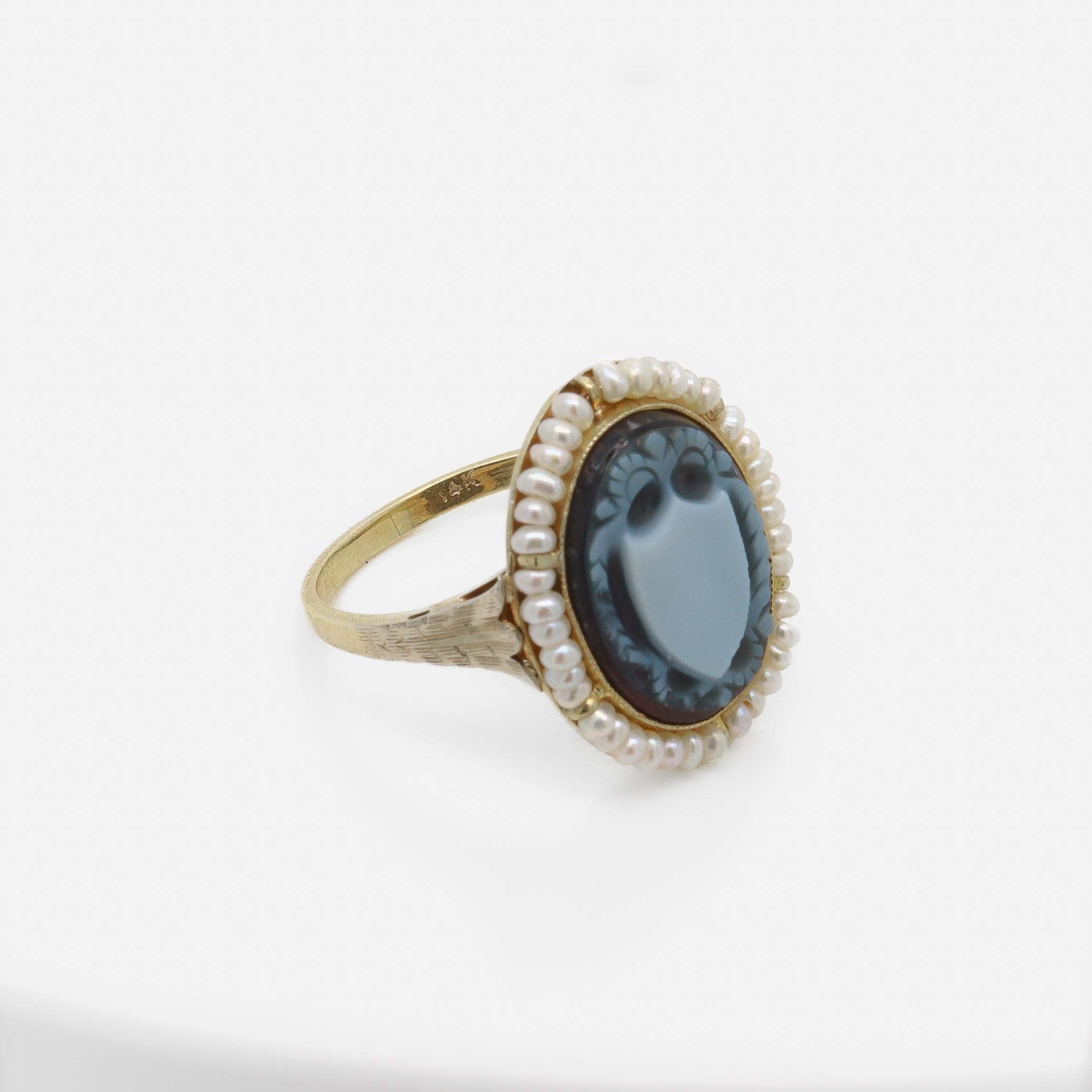 Antique 14k Gold & Sardonyx Carved Shield Signet Ring with Seed Pearl Halo For Sale 2
