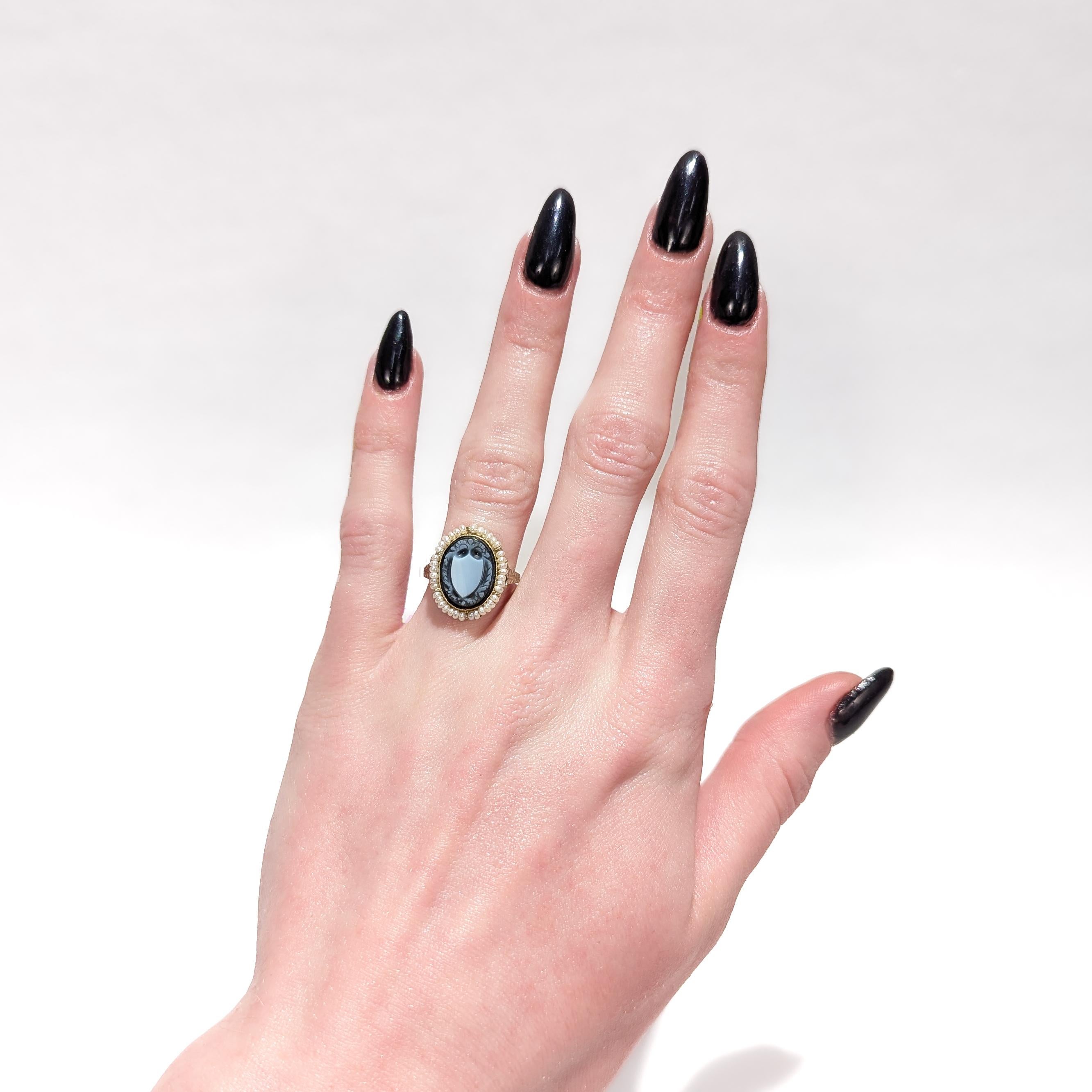 Antique 14k Gold & Sardonyx Carved Shield Signet Ring with Seed Pearl Halo For Sale 3