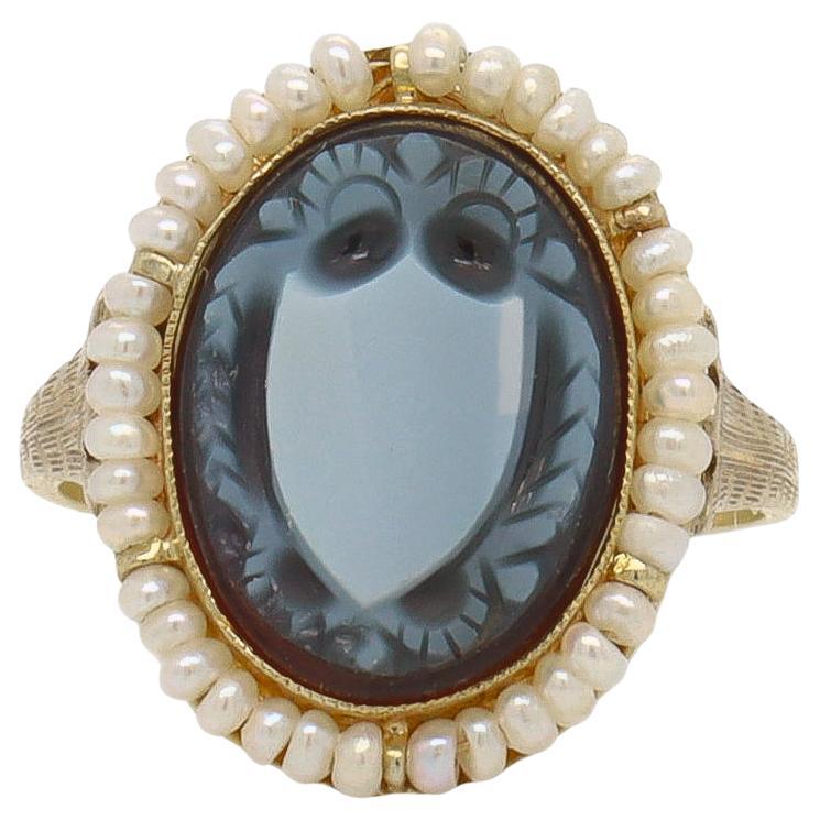 Antique 14k Gold & Sardonyx Carved Shield Signet Ring with Seed Pearl Halo For Sale