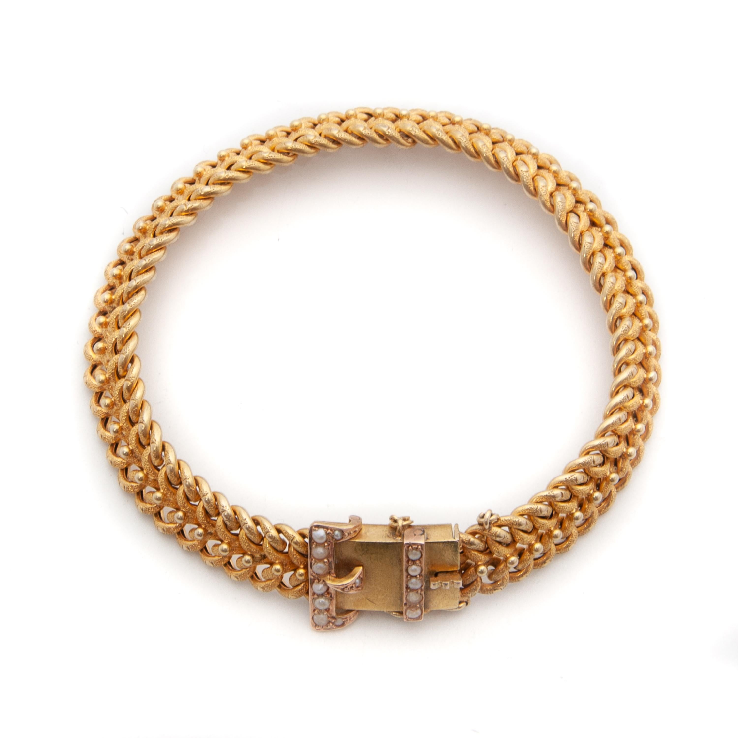 Antikes viktorianisches 14K Gold Saatperlen-Schnalle-Armband  (Rundschliff) im Angebot